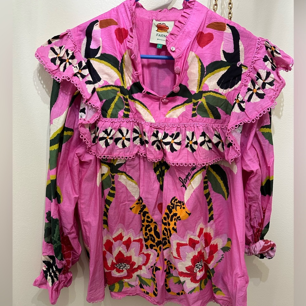 Farm Rio pink long sleeve blouse, size M